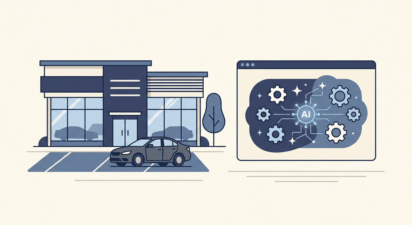Illustration of a car dealership website with AI tools automating blog content