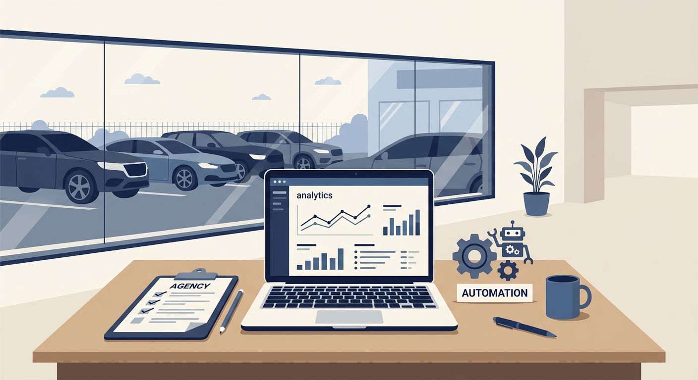 Auto dealership manager comparing an SEO agency to automated content software on a laptop with car icons