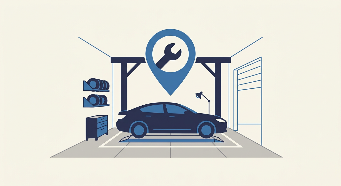 Illustration of an auto service bay with a map pin and wrench symbolizing local SEO
