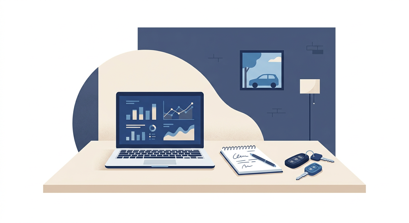 Manager at small car dealership reviewing automated SEO performance on a laptop