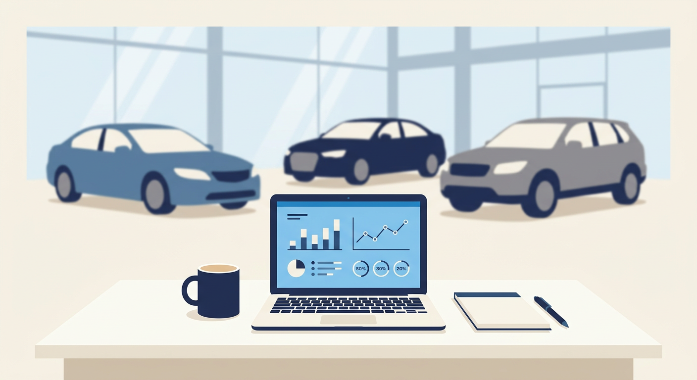 Manager reviewing SEO dashboard with an automotive SEO company partner in a dealership office