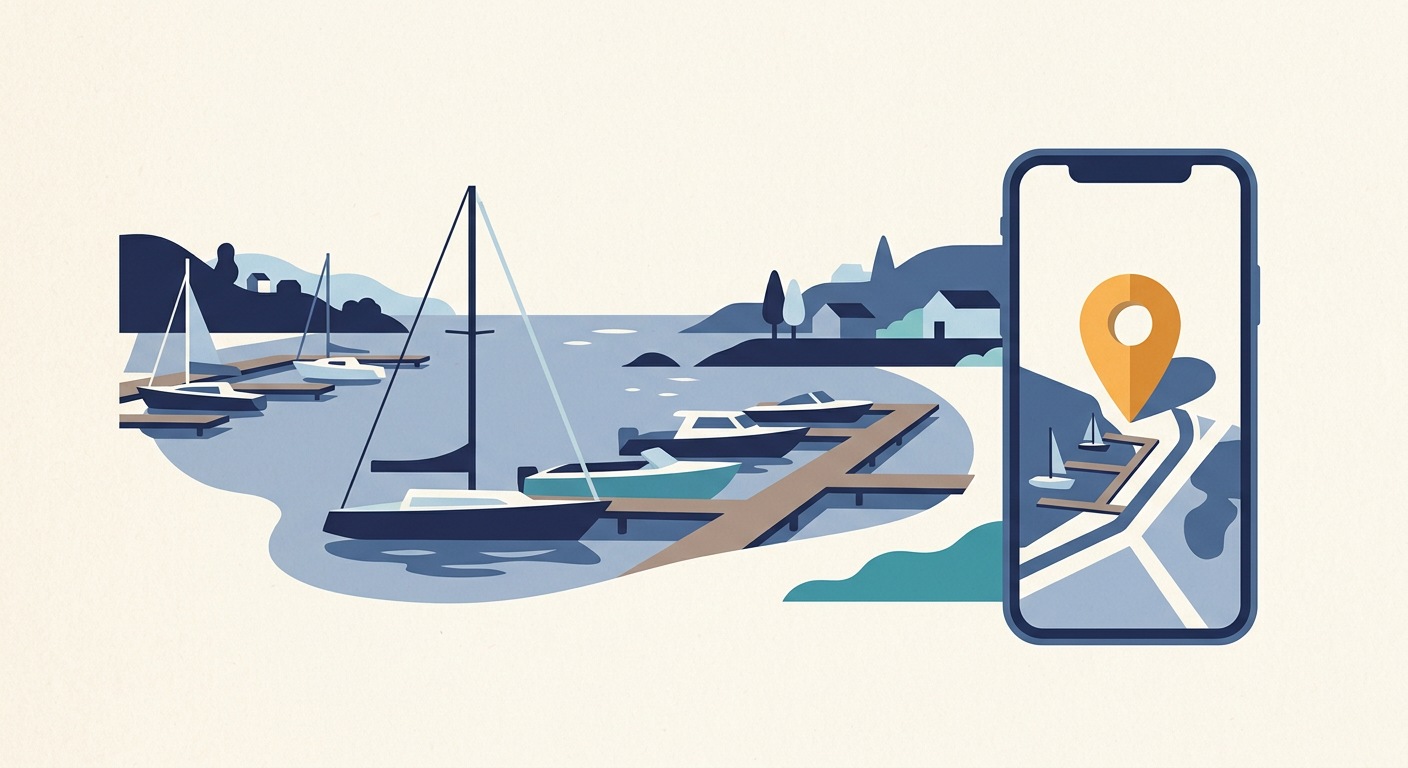 Flat illustration of a marina with boats and a location pin on a mobile phone screen