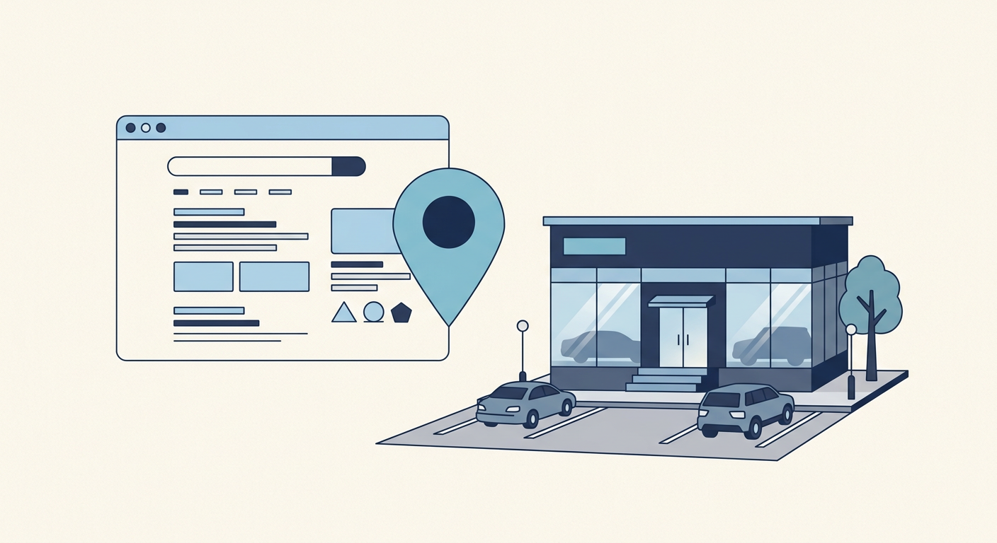 Illustration of a car dealership website with a map pin highlighting local SEO visibility