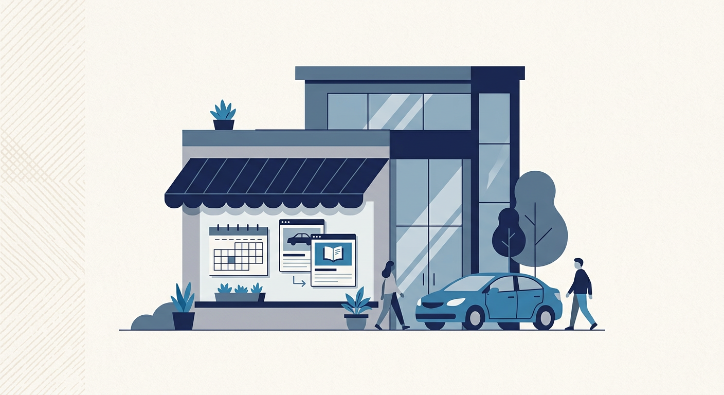 Flat illustration of a car dealership with a calendar and website blog cards