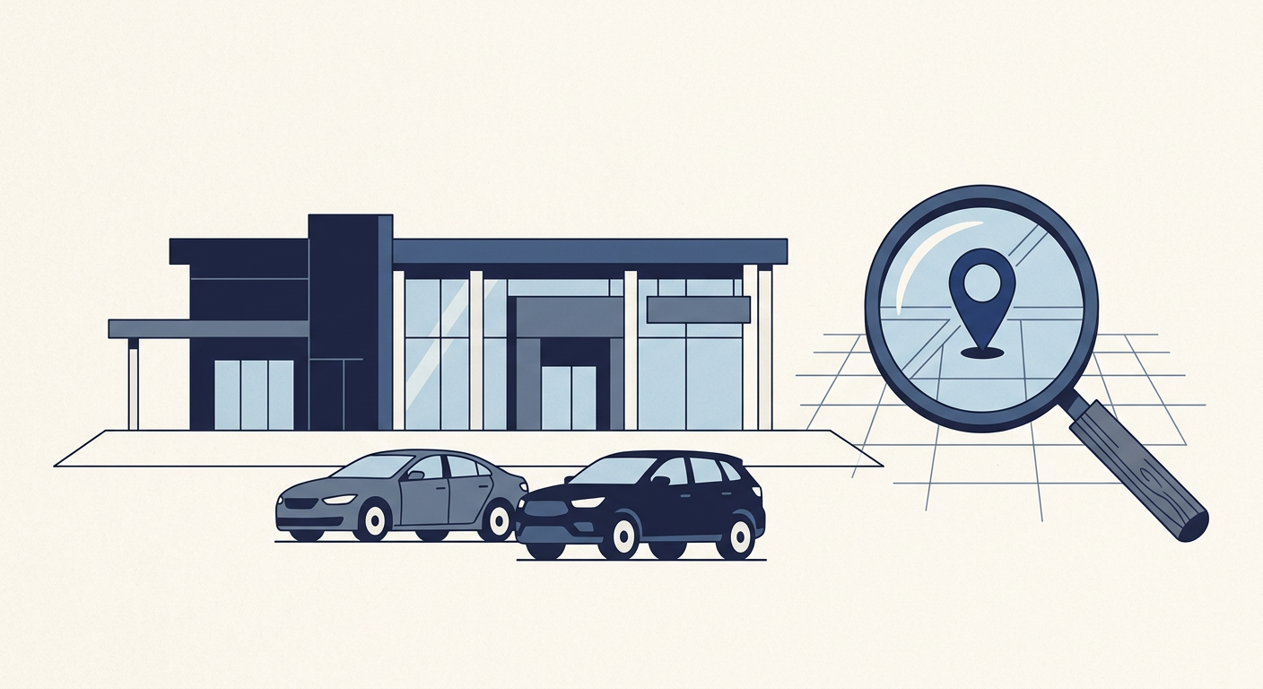 Flat illustration of a car dealership with a search icon and location pin showing SEO growth arrows