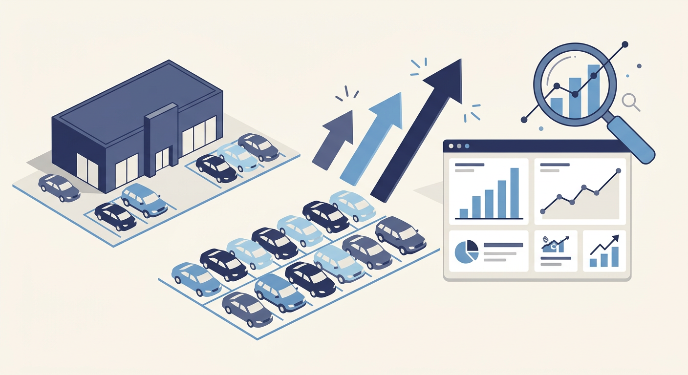 Flat illustration of a car dealership lot with an SEO dashboard and arrows indicating inventory movement