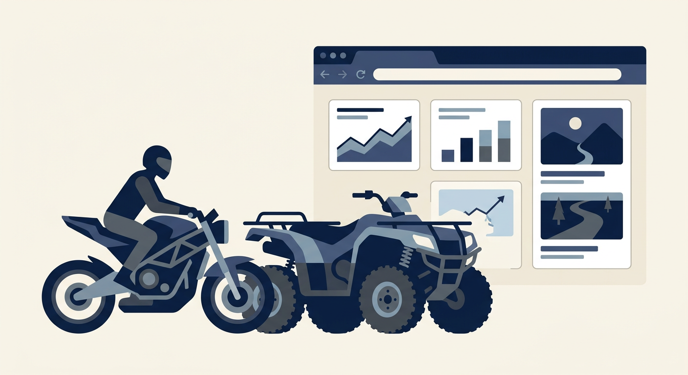 Flat illustration of motorcycles, ATVs, and a website screen with content cards