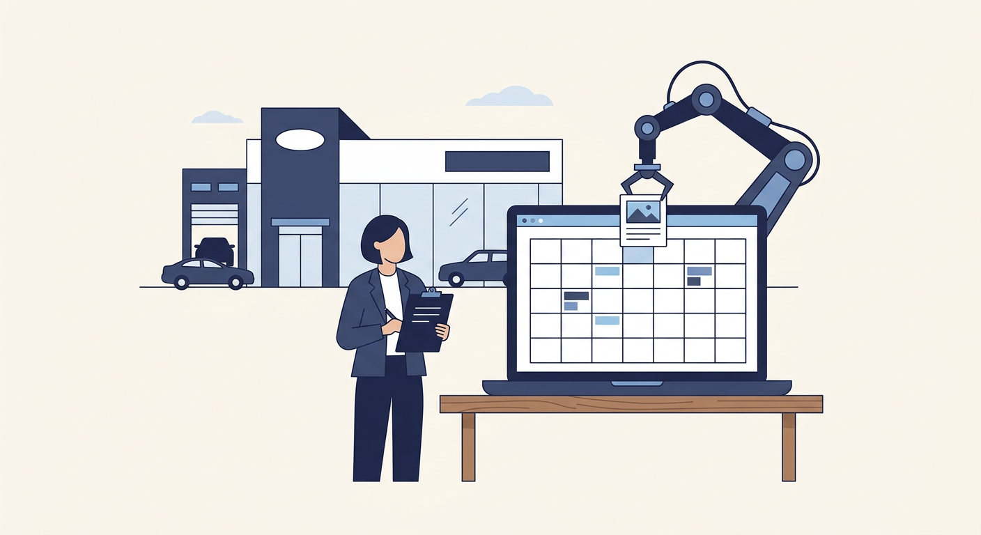 Illustration of a dealership building with a robot hand and a consultant at a desk comparing blog plans