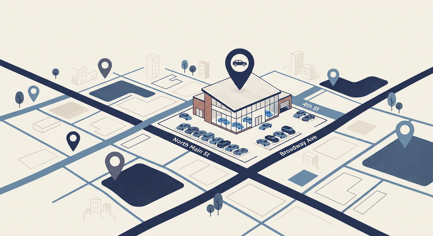 Illustration of a car dealership on a city map with location pins