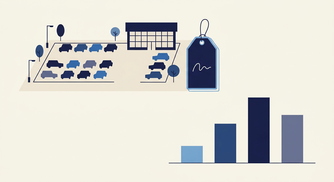 Flat illustration of a dealership lot, a price tag, and a chart showing SEO costs
