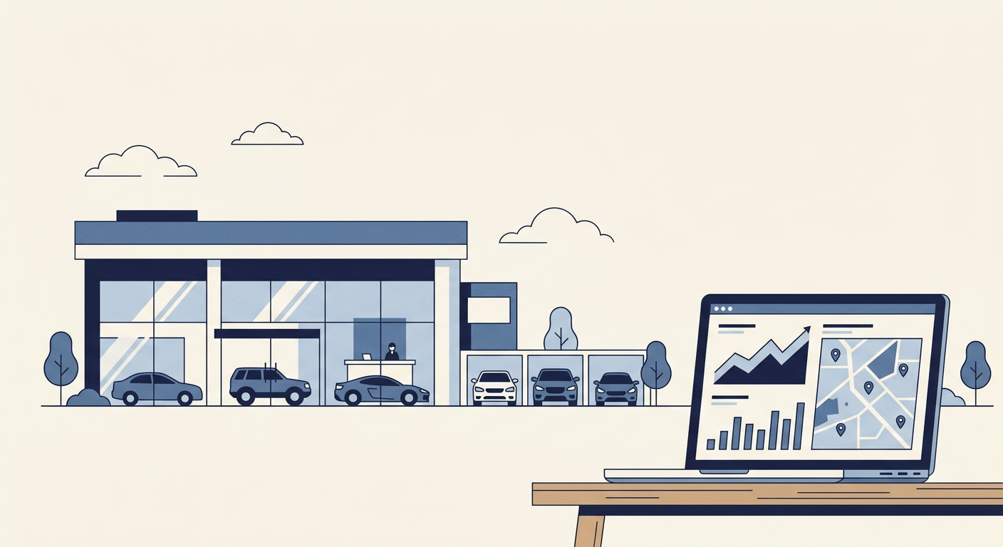 Car dealership manager reviewing SEO software analytics on a laptop with cars nearby