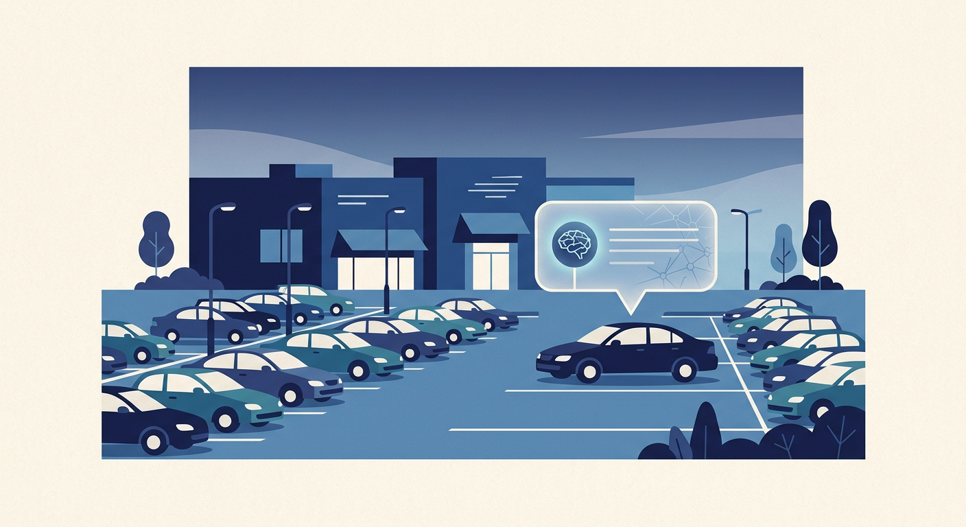 Illustration of a car dealership lot with an AI chat bubble highlighting a vehicle