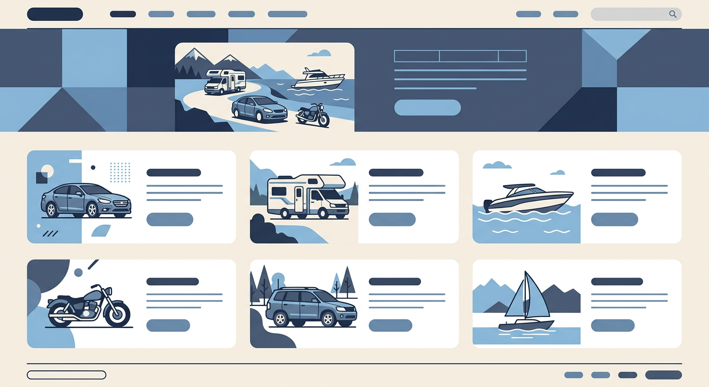 Flat illustration of a dealership website with educational content cards featuring car, RV, boat, and motorcycle icons.