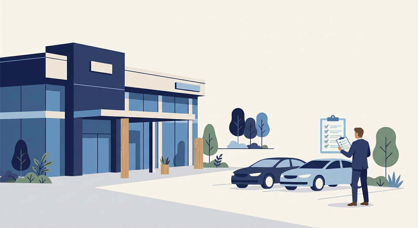 Illustration of a franchise car dealership team reviewing compliant blog content with checkmarks and cars in the background