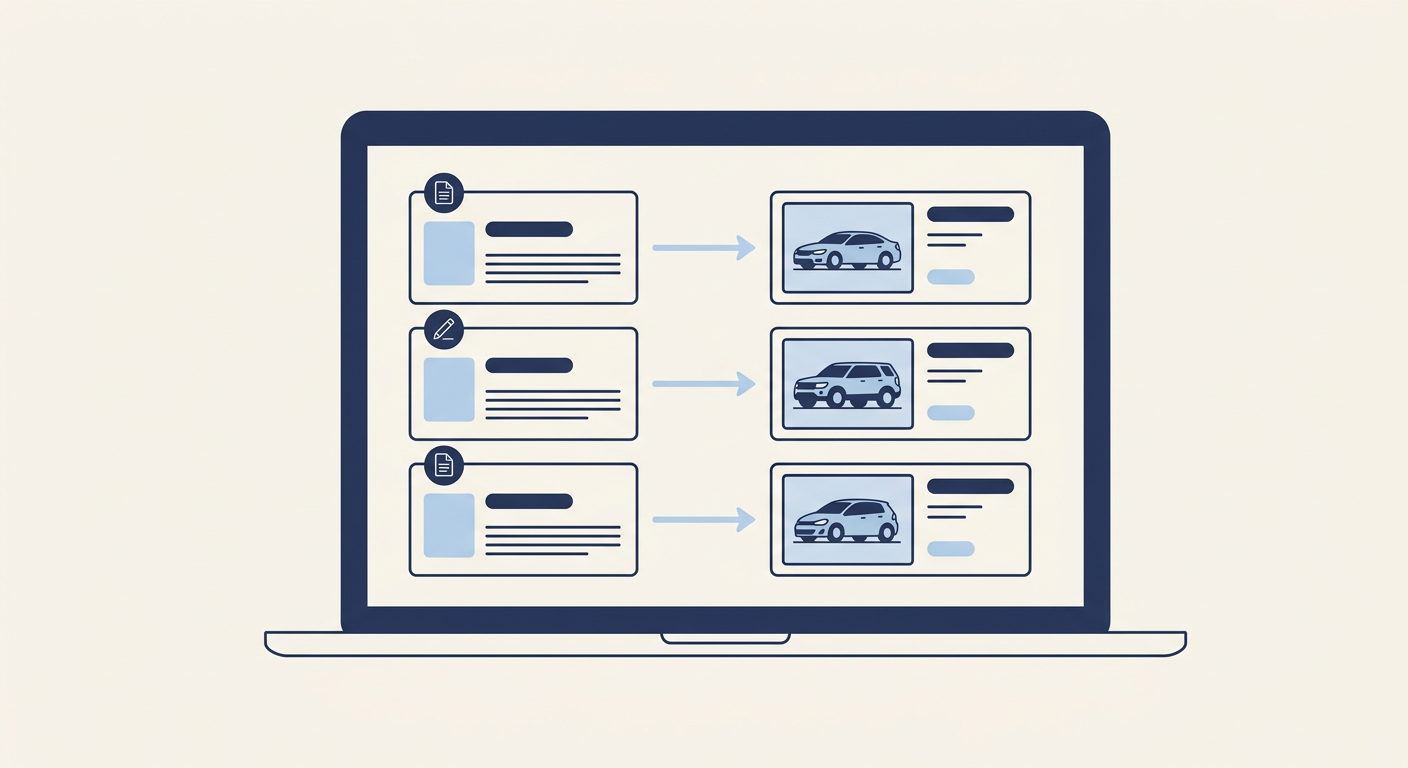 Illustration of a dealership blog linking to car vehicle detail pages on a website