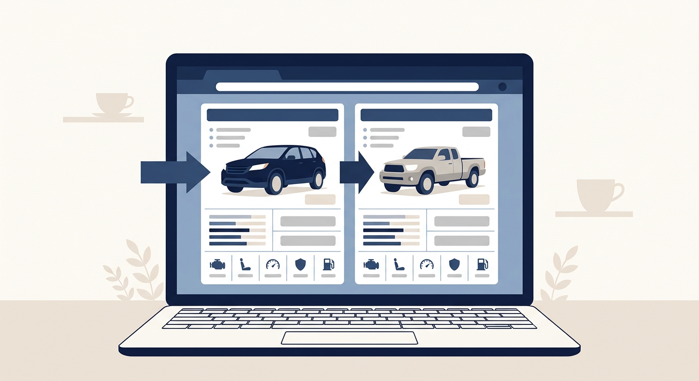Flat illustration of a laptop showing two vehicle models side by side with comparison cards and arrows pointing to inventory listings