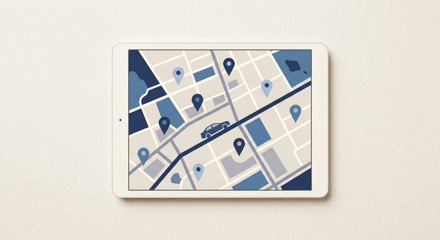 City map pins near a car lot showing local SEO car dealerships Canadian cities