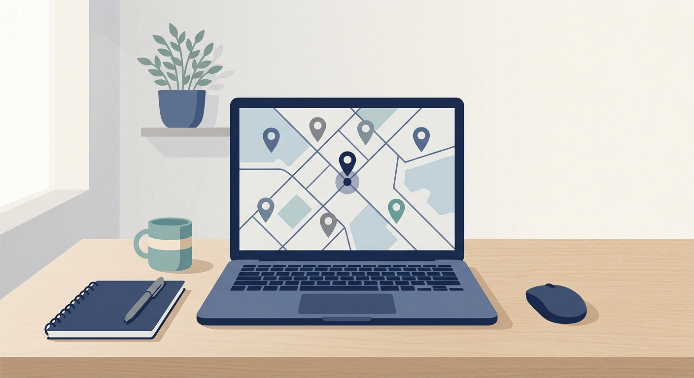 Map with pins around a showroom highlighting local SEO for car dealerships across nearby towns.