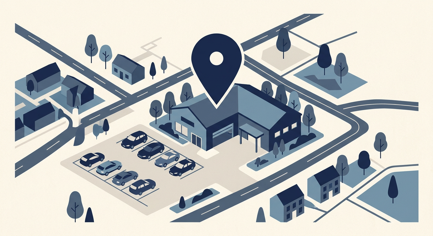 Illustration of a car dealership on a city map with location pins indicating local search visibility