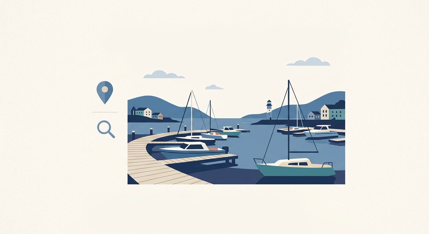 Flat illustration of a marina with boats and a location pin on a map, symbolizing marine dealer SEO and local search.