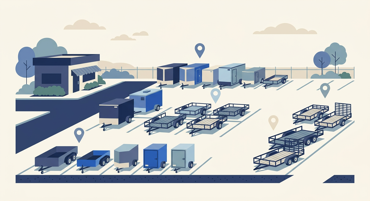 Flat illustration of utility and enclosed trailers on a dealership lot with location pins