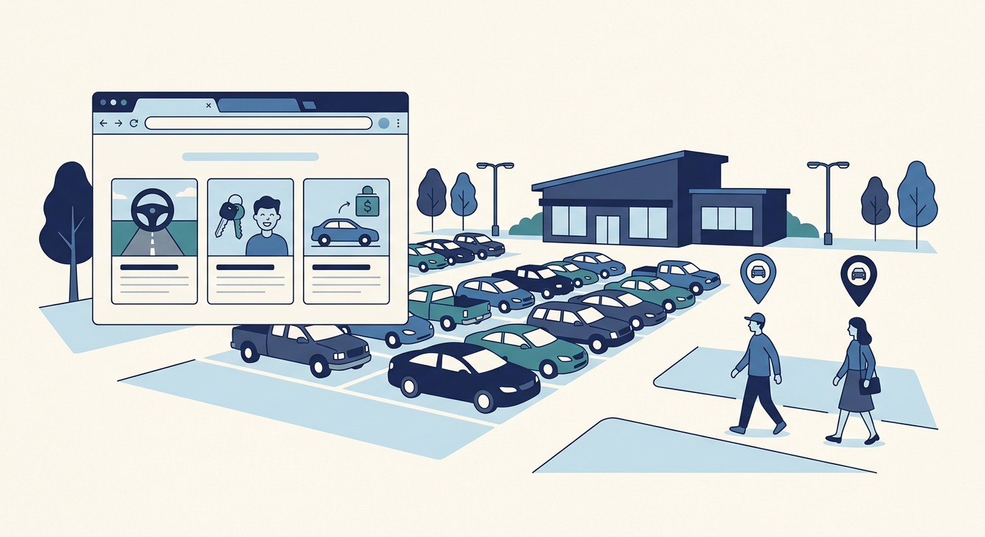 Illustration of a US car dealership with blog topic cards attracting nearby car shoppers