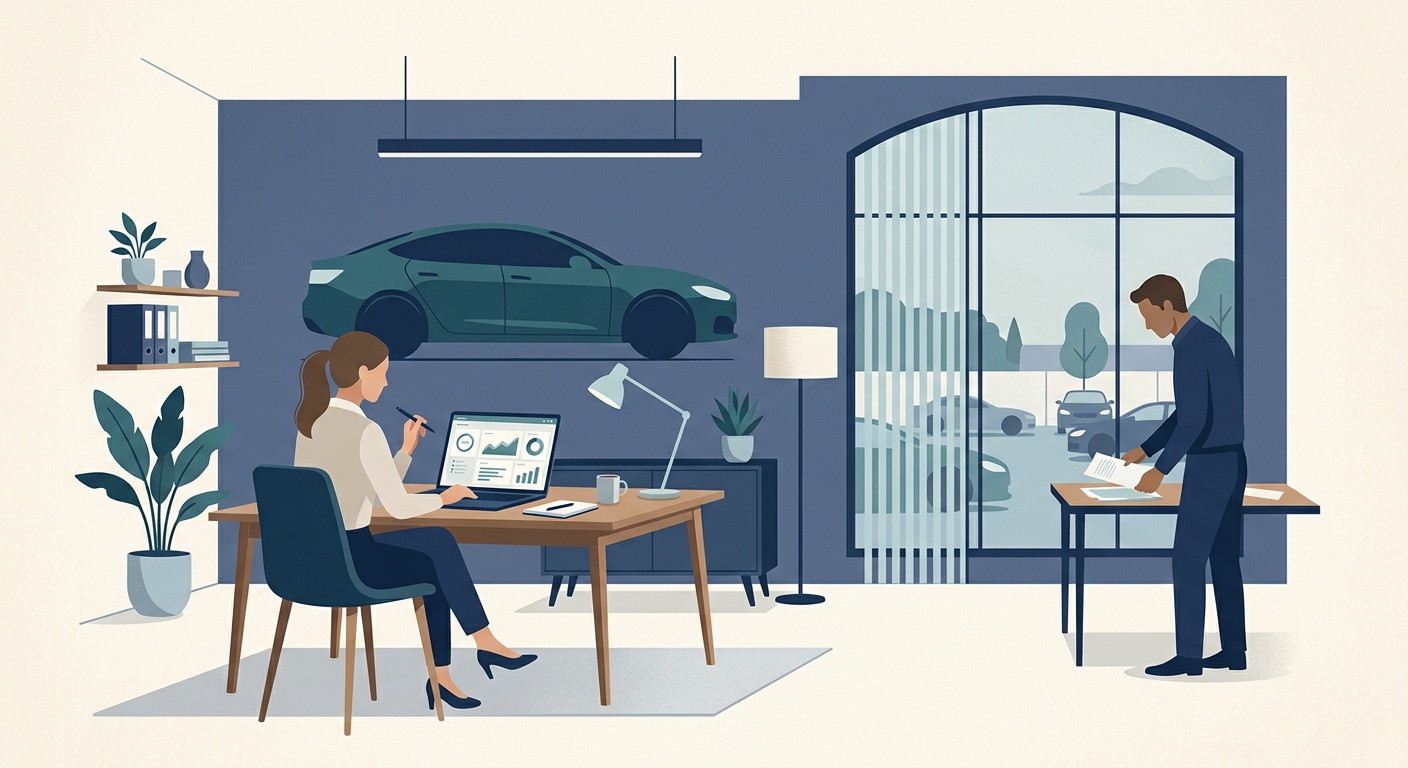 Illustration of a car dealership manager reviewing an SEO content tool dashboard with blog posts and charts