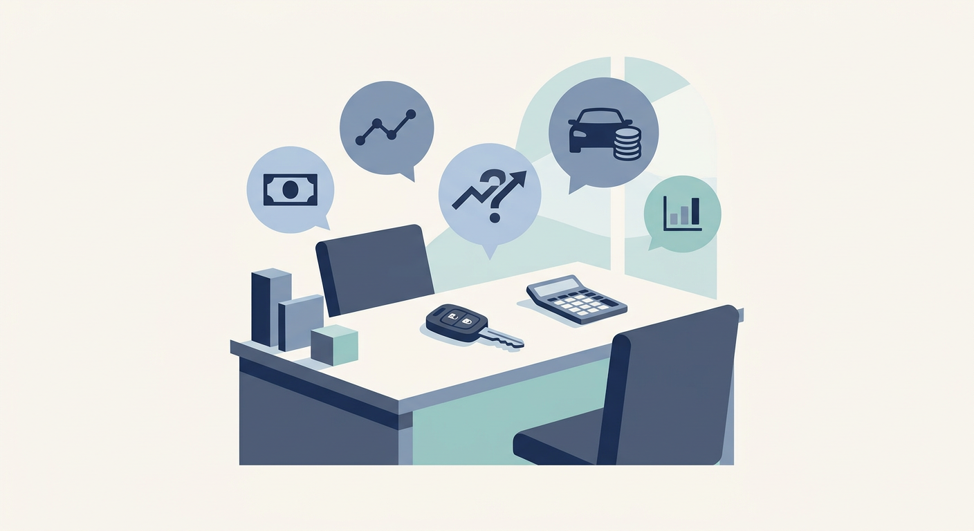 Flat illustration of a car dealership desk with a credit application, calculator, and question bubbles.