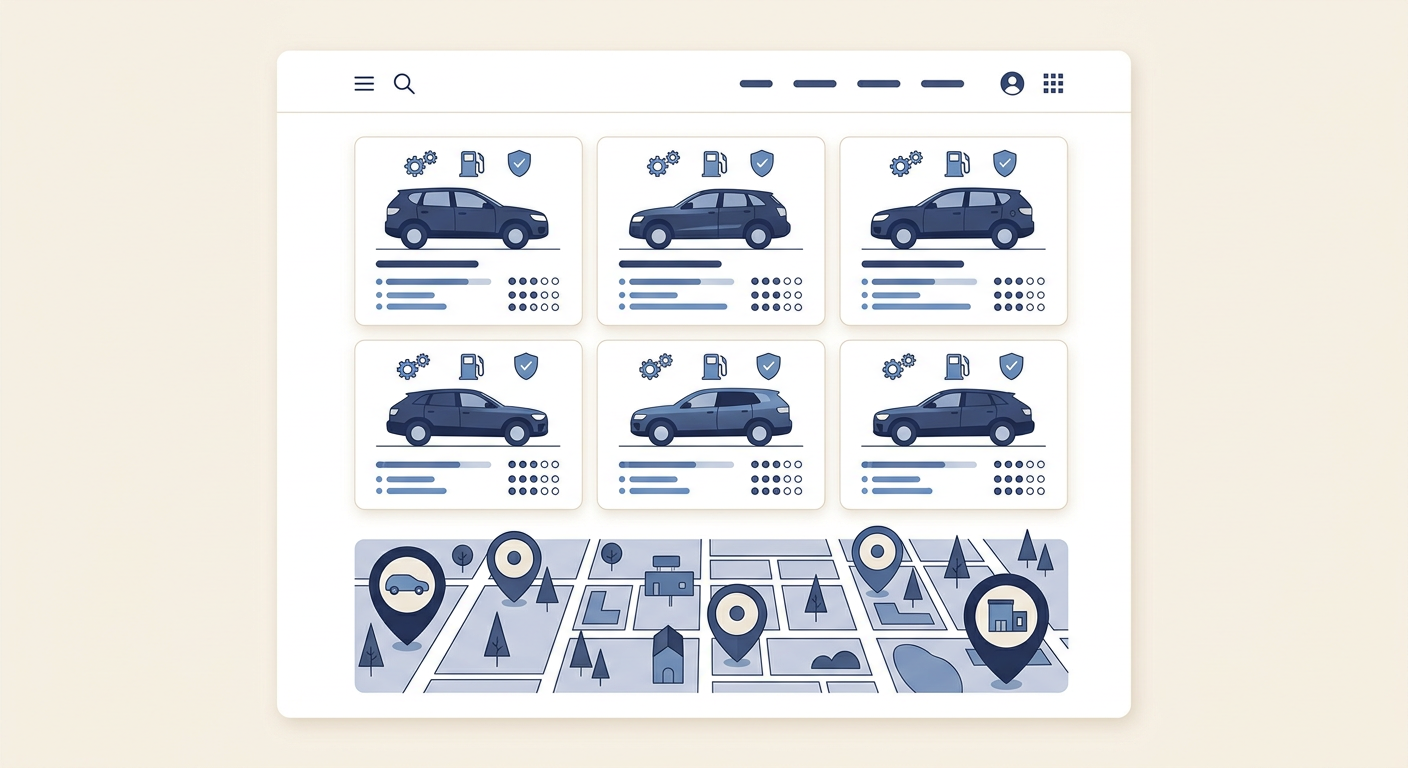 Flat illustration of a car dealership website with car model research cards and local map pins